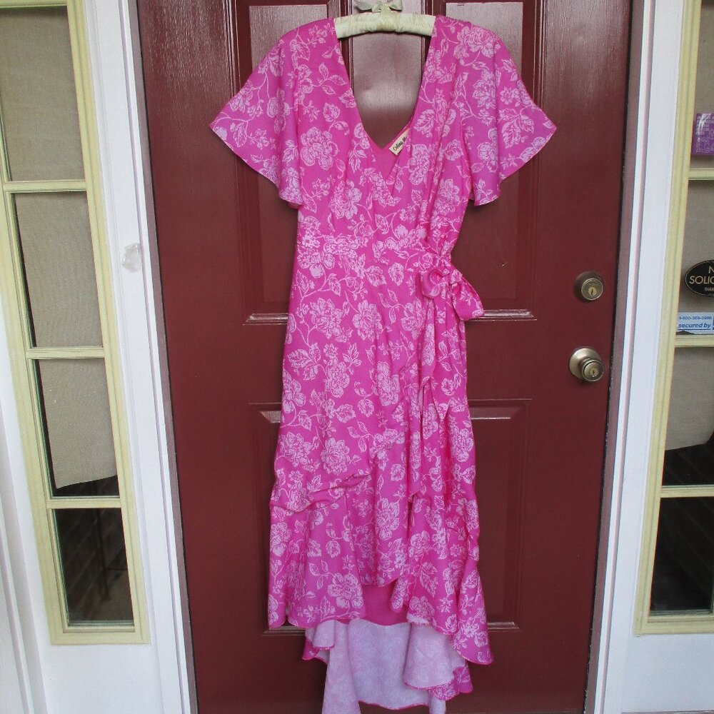 Celina Moon Wrap Dress Hi Lo Hem LARGE Bright Pink